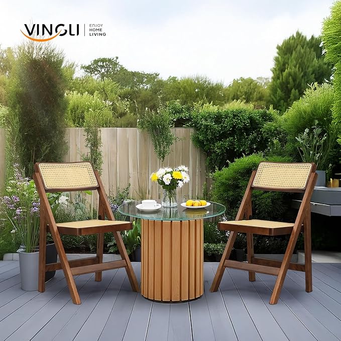 VINGLI 2 Pack Rattan Wooden Folding Chair, Dining Folding Chair with 360° Swivel Backrest, Sturdy Rubberwood Frame and Rattan Woven Seat and Back, Walnut, Set of 2