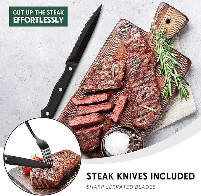 Hiware 48-Piece Matte Black Silverware Set with Steak Knives, Black Flatware Set for 8, Stainless Steel Tableware Cutlery Set, Utensil Sets for Kitchen