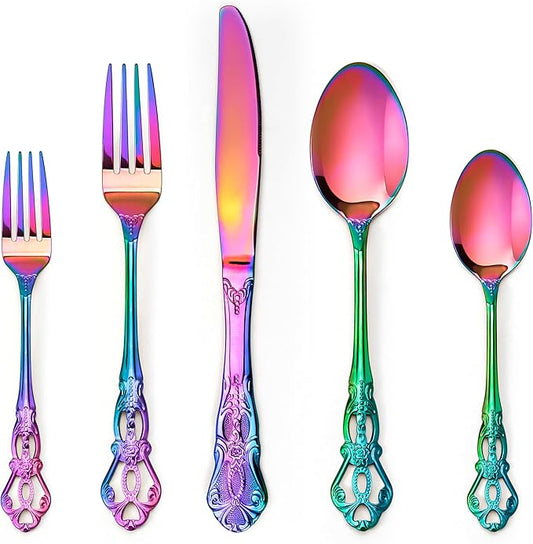 Silverware Set, 30 Pieces Retro Royal Silverware Set for 6, Anti-rust Stainless Steel Flatware Set Including Fork Spoon and Knife, Dishwasher Safe, Rainbow