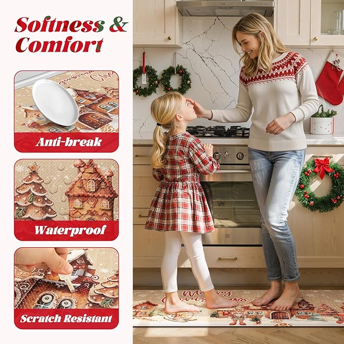 Merry Christmas Kitchen Mats for Floor, Xmas Gingerbread House Cushioned Anti Fatigue Kitchen Rugs 2 Piece, Non Slip Comfort Standing Rug Waterproof Sink Mat for Desk Laundry Office, Light Khaki