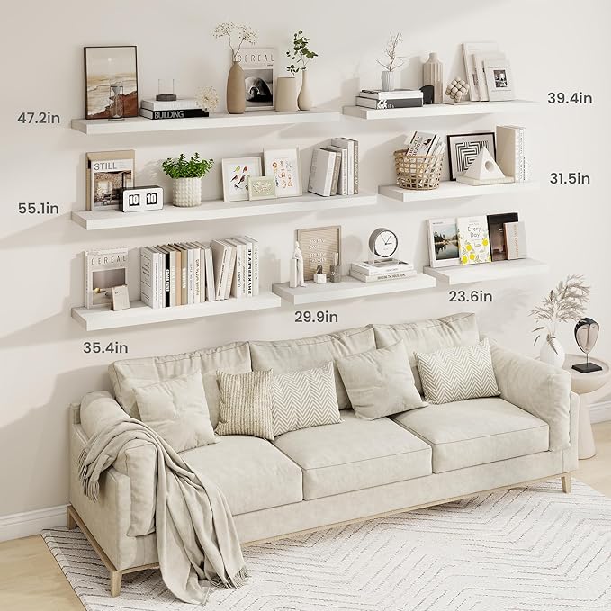 Fun Memories 30 Inch Floating Shelves for Wall, 9 Inch Deep White Rustic Wood Wall Mounted Shelves for Bathroom, Bedroom, Living Room, Set of 2