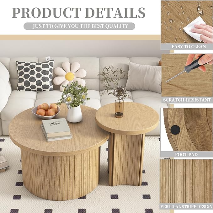 Set of 2 Nesting Coffee Tables Farmhouse,Round Coffee Table Living Room,Wood Finish Coffee Table Set, Small Coffee Tables, Sofa Side Living Room Bedroom Coffee Side Table (Large Size - Set)
