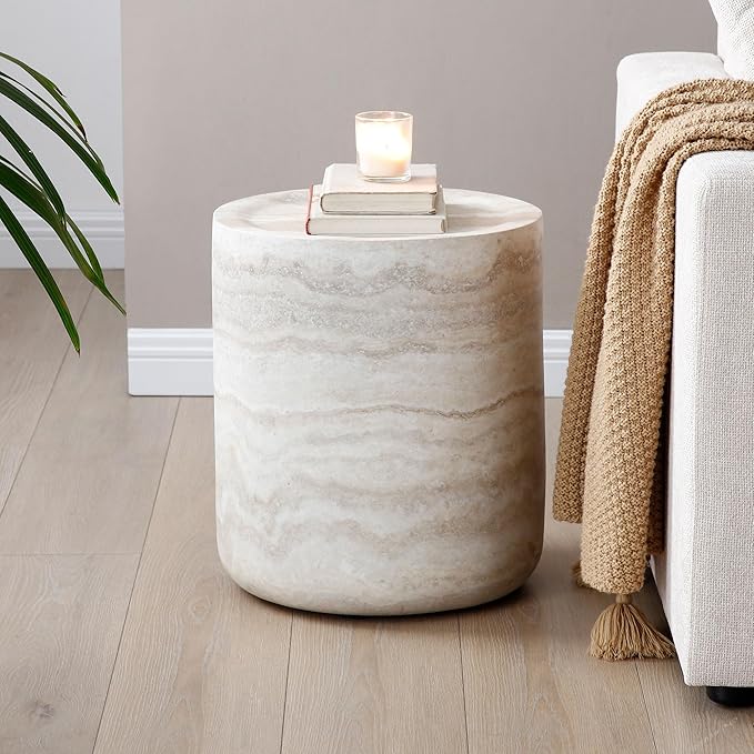 Marble Coffee Table, Modern Round Coffee Table, Circle Drum Coffee Tables, Fiberglass Center End Table for Living Room Apartment Office, No Assembly (15.74" Faux Marble)