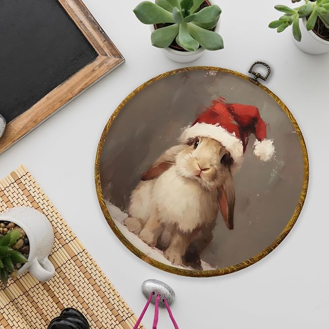 XPH Vintage Christmas Bunny Round Wall Art Framed, Rustic Christmas Rabbit Circle Wall Decor, Cottage Cozy Winter Xmas Bunny Hanging Canvas Prints for Home Bedroom Living Room Decoration, 10x10 Inch