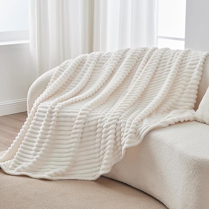 BEDELITE Fleece Throw Blanket for Couch - 300GSM Soft & Warm Fluffy Cream White Blanket, Decorative and Giftable Striped Blankets for Women, Men, 50"x60"