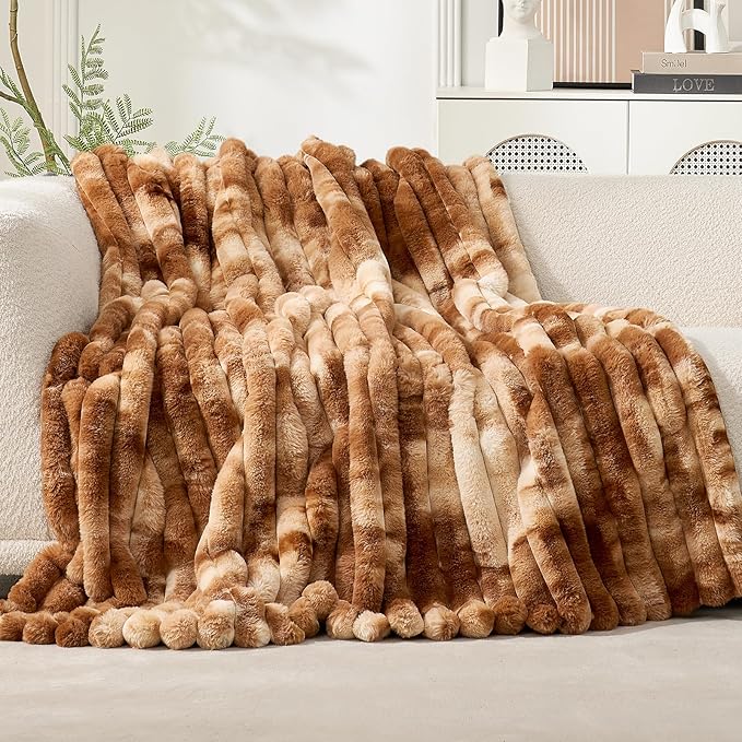 Cozy Bliss Faux Fur Throw Blanket for Couch, Cozy Warm Plush Striped Blanket for Sofa Bedroom Living Room, 60 * 80 Inches Tie-dye Brown