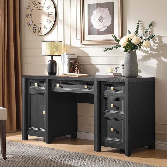 Farmhouse Black Office Desk with Drawers, 58” Executive Desk for Work Study, Home Writing Desk with Gold Knobs, 5 Different Sizes Drawers and Storage, Workstation for Study Room Living Room