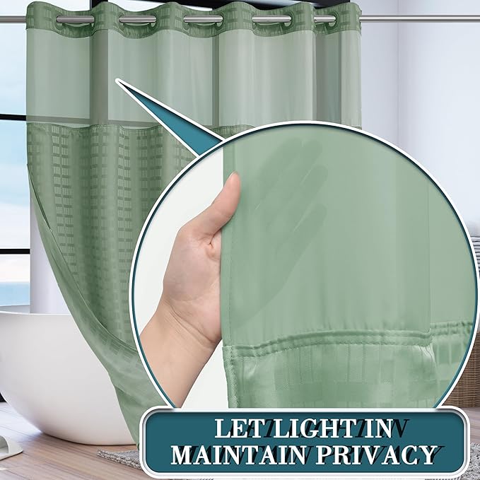 Conbo Mio Extra Wide No Hook Sage Green Shower Curtain with Snap in Liner Set, 108" x 74" Hotel Luxury Shower Curtains for Bathroom with See Through Top Window, Waterproof, Washable 108W x 74H