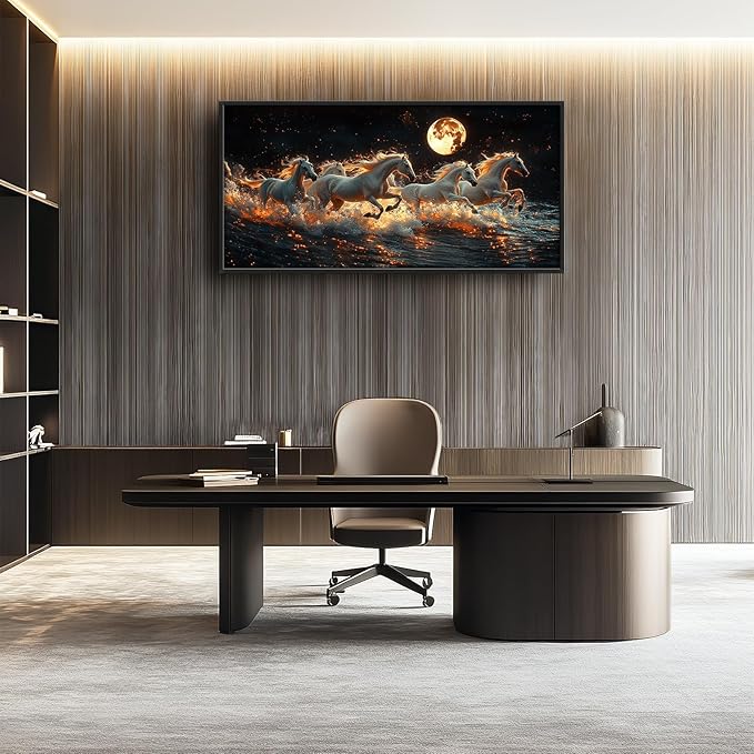 Horse Wall Art, White Horses Pictures Wall Decor, Running Animal in Moonlight Canvas Prints Painting, Large Framed Artwork for Living Room Office Bedroom Bathroom Corridor 60"x 30"