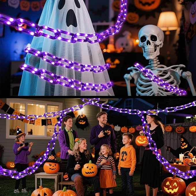 Halloween String Lights,Hopolon 13.7Ft 175LED Halloween Decorations Chain Lights Outdoor/Indoor Plastic Purple Light Battery USB with Waterproof, 8Modes&Timer for Home Garden Patio Porch Spooky Decor