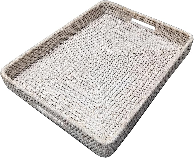 i-lan 17" Handwoven White Washed Natural Rattan Ottoman Serving Tray with Handles-Decorative Wash White Rectangular Wicker Basket Storage Platter for Fruits,Drinks and Table Things