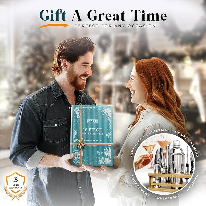 BARE BARREL® Mixology Bartender Kit Bar Set | 16-Piece Cocktail Shaker Set | Martini Barware Mixing Tools for Home Bartending | Incl. 35 Recipe Cards | Gift Set (24oz Cobbler Shaker, Silver/Natural)