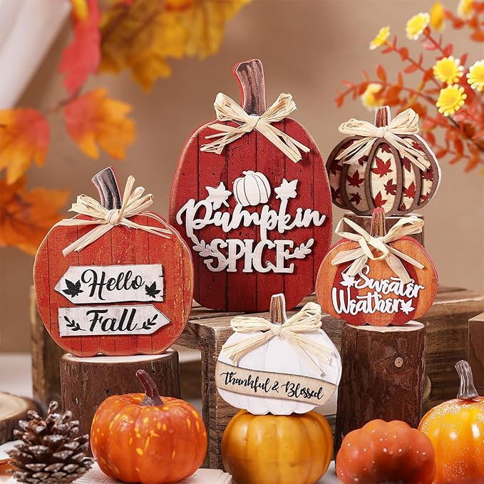 5 Pcs Fall Pumpkin Decor for Home Thanksgiving Wooden Table Centerpiece Decorations Fall Wooden Pumpkin Spice Signs for Autumn Farmhouse Kitchen Mantle Tabletop Supplies