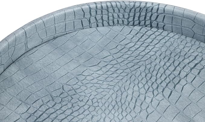 HofferRuffer Faux Leather Round Serving Tray, Vegan Croco Leather Decorative Tray, Food Tray for Storage Drinks, Snack & Cosmetics, Dia.12'' x 1.6'' (LightBlue)