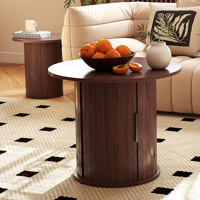 Round Wood Fluted End Table, 15.7“ Circle Farmhouse Side Table Sets for Living Room, Bedroom, Balcony, Small Spaces, Walnut