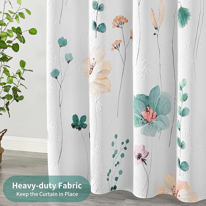 QiyI Watercolor Floral Shower Curtain, 3D Embossed Butterflies Teal Beige Flower Bathroom Curtain, Minimalist White Cloth Bath Curtains, Waterproof Fabric Textured Shower Curtain Set with Hooks, 72x72