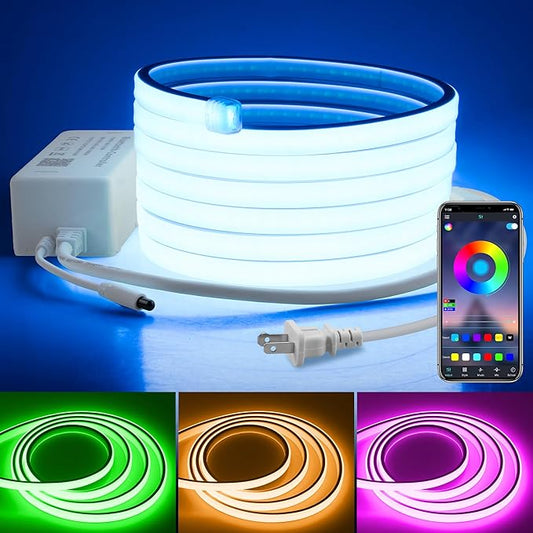 110V Bluetooth RGB COB LED Strip Light 10FT Multicolor Dimmable Flexible LED Lights Strip with Remote Music Sync Outdoor Waterproof RGB Neon COB Rope Light Plug in Color Changing AC 110V~130V IP67