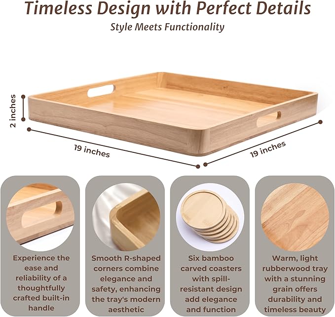 Wooden Ottoman Tray for Living Room – Large 19" Square Serving Tray with Handles & 6 Coasters Set, Ideal for Coffee Table, Couch, Kitchen, Breakfast, Food, Drinks & Home Decor
