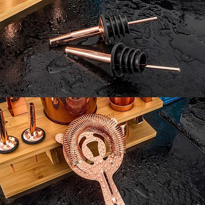 Soing 11-Piece Rose Copper Bartender Kit,Perfect Home Cocktail Shaker Set for Drink Mixing,Stainless Steel Bar Tools with Stand,Velvet Carry Bag & Cocktail Recipes Cards (Rose Copper)