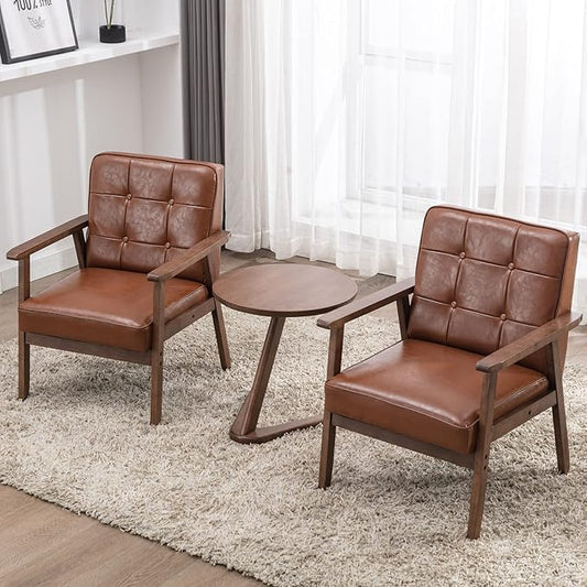 Okeysen Accent Chairs Set of 2 with Side Table, Mid Century Modern Accent Chair, Retro Wood and Leather Armchairs Side Chair, Lounge Reading Comfy Armchair for Living Room, Bedroom, Office（Brown