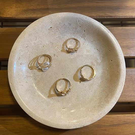 5.9" Round Travertine Ring Dish Jewelry Tray, Marble Trinket Dish Tray, Nightstand Decor, Coaster, Soap Dish, Sponge Holder for Bathroom, Beige