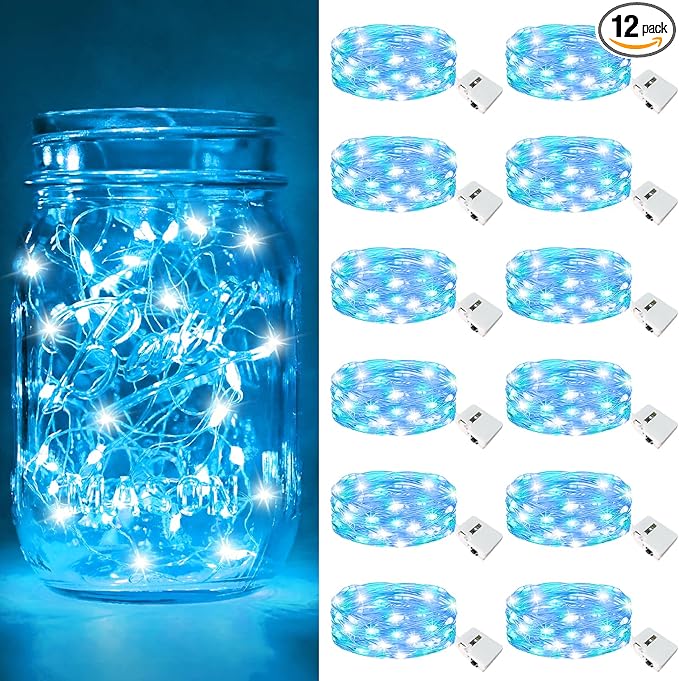 btfarm 12 Pack Fairy Lights Battery Operated [3 Modes], 7ft 20 Led Twinkle Lights String Lights Waterproof Bulk Small Mini Silver Wire for Christmas Mason Jars Wedding Table Centerpiece, Blue White