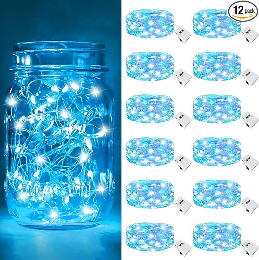 btfarm 12 Pack Fairy Lights Battery Operated [3 Modes], 7ft 20 Led Twinkle Lights String Lights Waterproof Bulk Small Mini Silver Wire for Christmas Mason Jars Wedding Table Centerpiece, Blue White