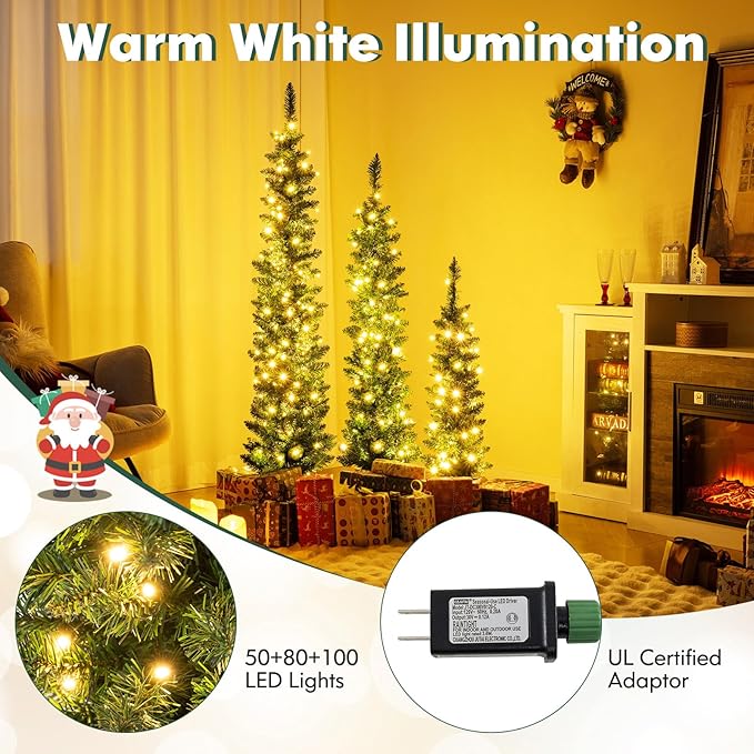GOFLAME Set of 3 Pre-Lit Christmas Trees, Pencil Artificial Christmas Trees 3Ft, 4Ft and 5Ft with Warm White LED Lights, Burlap Base, Seasonal Holiday Decoration Tree for Home Party