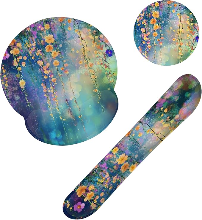 Watercolor Ivy Flower Spring Flower Mouse Pad with Wrist Rest and Keyboard Wrist Rest Set, Non-Slip Rubber Base Memory Foam Mouse Pad Set for Women, Office Desk Accessories, Gaming