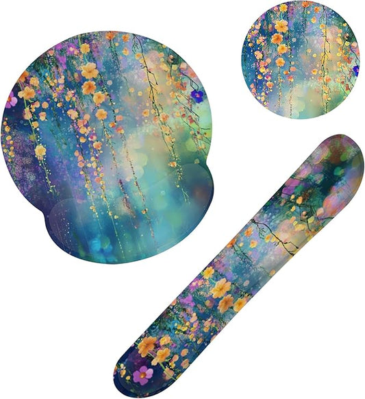 Watercolor Ivy Flower Spring Flower Mouse Pad with Wrist Rest and Keyboard Wrist Rest Set, Non-Slip Rubber Base Memory Foam Mouse Pad Set for Women, Office Desk Accessories, Gaming