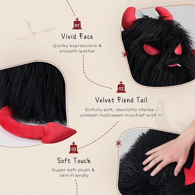 Ashler Ghost Pillow - Cute Shaped Throw Pillow for Halloween, Black Fur Devil 3D Halloween Pillow with Tail, Ideal Gift for Halloween Decor, 14x10.5 inches