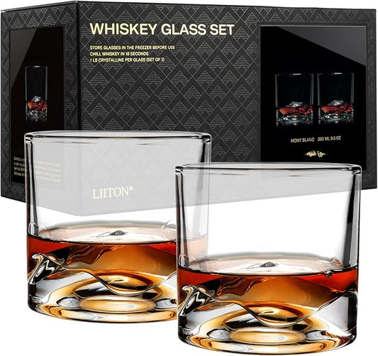 LIITON Mont Blanc Heavy Crystal Whiskey Glasses Gift Set of 2, Thick Freezable Bourbon Glass 1lb Each, Premium Whiskey Gifts for Men, Frozen Crystal Chills Cocktails, 10 oz