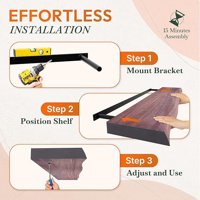 24" Acacia Live Edge Floating Shelves Set of 2 - Wall Mounted Wooden Shelf for Stylish Home Décor - Cherry Color 24x7.5x1.5 Inches