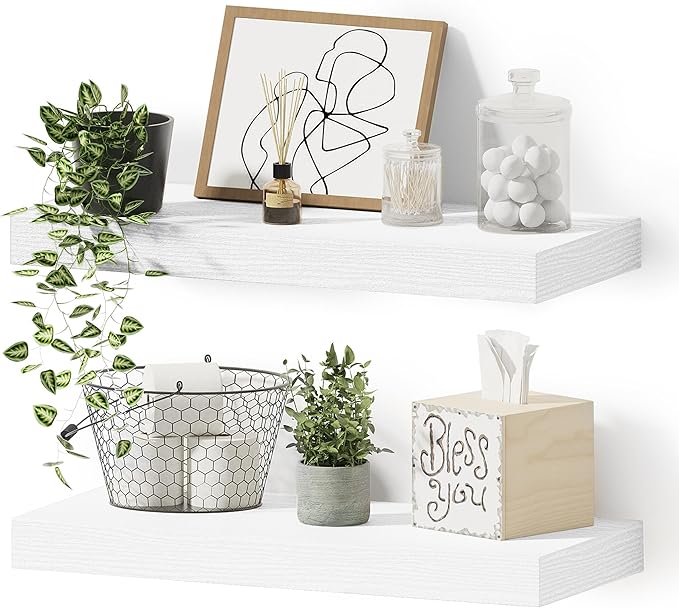 Vivelove Bathroom Floating Shelves for Wall, 16 inchs x 6.7” deep x 1.4” Wall Shelf for Bedroom, Living Room, Kitchen, Office Home Decor, Narrow Wood Shelves with Invisible Brackets - Set of 2, White