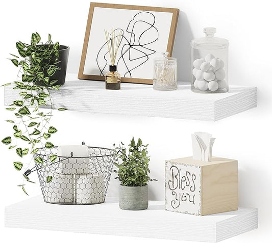 Vivelove Bathroom Floating Shelves for Wall, 16 inchs x 6.7” deep x 1.4” Wall Shelf for Bedroom, Living Room, Kitchen, Office Home Decor, Narrow Wood Shelves with Invisible Brackets - Set of 2, White