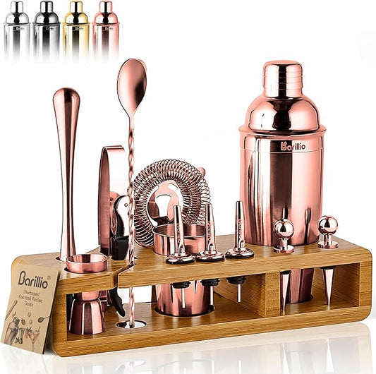 Barillio Rose Gold Bartender Kit - Stainless-Steel Cocktail Shaker Set w/Bamboo Stand - Mixology Bar Tools w/Drink Shaker, Mixer and Muddler for Cocktails - Home Bar Accessories - 23-Pc Bar Set