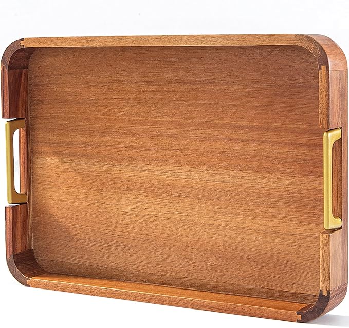 Acacia Wood Serving Tray with Metal Handles, 17x12in Food Drinks Tray for Coffee Table, Breakfast, Dinner & Bar, Rustic Decorative Storage Tray for Ottoman, Kitchen, Parties