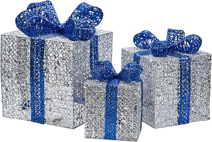 Sunnyglade 10”-8”-6” Set of 3 Christmas Lighted Gift Boxes with Plug for Christmas Decor, Weddings Yard Home Holiday Art Decorations (Silver)