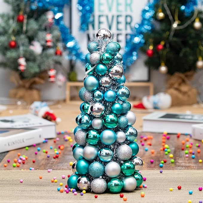 Amooca 16in Christmas Ball Tree with LED Lights Table Centerpiece Fireplace Decor Indoor Holiday Party Home Decoration Light Blue Silver