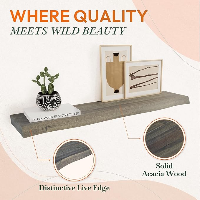 24" Acacia Live Edge Floating Shelves Set of 2 - Wall Mounted Wooden Shelf for Stylish Home Décor - Mocha Color 24x7.5x1.5 Inches