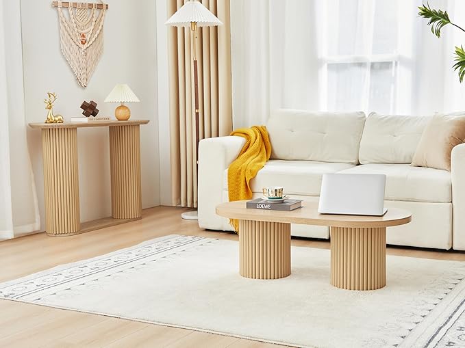 AVZEAR Fluted Oval Coffee Table for Living Room, Boho Modern Coffee Table with Fluted Legs, Curved Round Wood Center Table for Home, Small Spaces, Office, Natural Color(39.38" x 19.69" x 13.78")