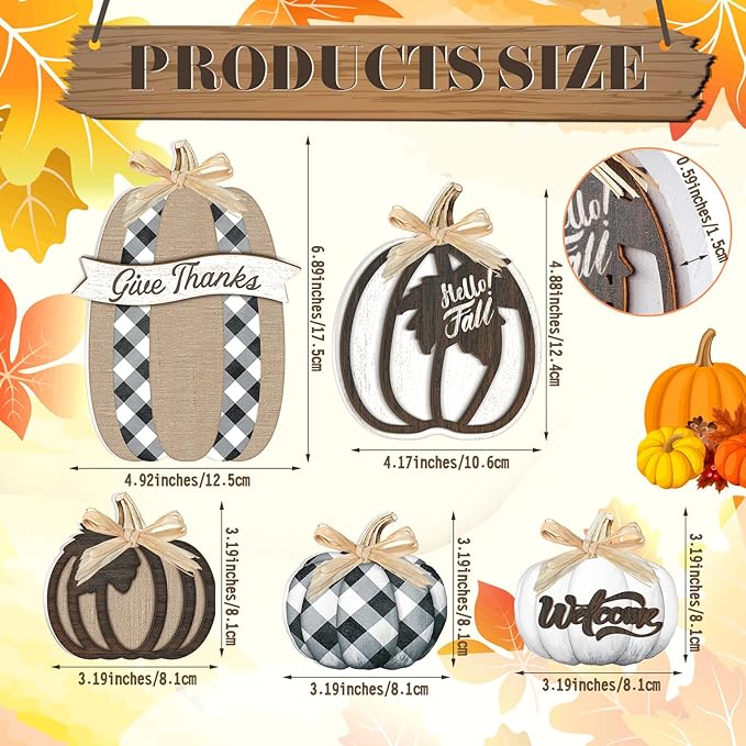 5 Pcs Fall Pumpkin Decor for Home Thanksgiving Plaid Wooden Table Centerpiece Decorations Fall Wooden Pumpkin Signs for Autumn Farmhouse Home Living Room Kitchen Mantle Tabletop Supplies