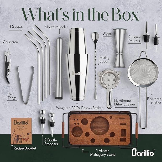 Barillio Bartender Kit – 23-Piece Stainless-Steel Cocktail Shaker Set with Premium African Mahogany Stand | Martini Barware Mixing Tools for Home Bartending | Gift Set