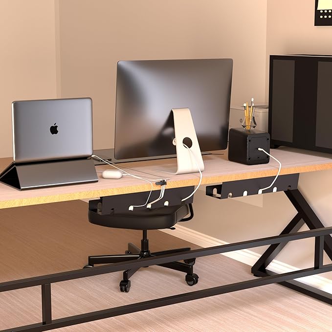 2 Pack Under Desk Cable Management Tray, Metal Wire Management Standing Desk Cord Organizer Power Strip Holder with Cable Ties and Clips for Home Office, Black