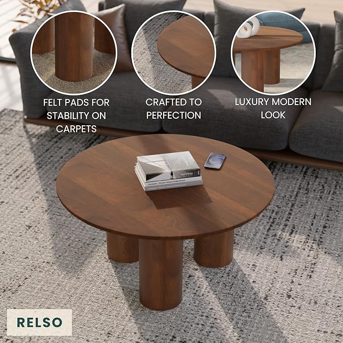 Relso Gaia Round Coffee Table, Natural Mango Wood Coffee Table with Wood Grain and Sturdy Finish | Perfect for Living Room and Farm House - Sturdy, Durable, Ideal for Patio Decor (Walnut, 18 inch)