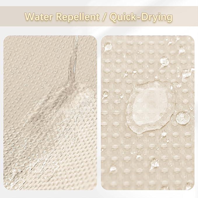 Beige Fabric Shower Curtain - Waffle Textured Heavy Duty Shower Curtains for Bathroom, 256GSM Hotel Spa Luxury Weighted Bath Curtain with 12 Hooks, 72x96, Beige