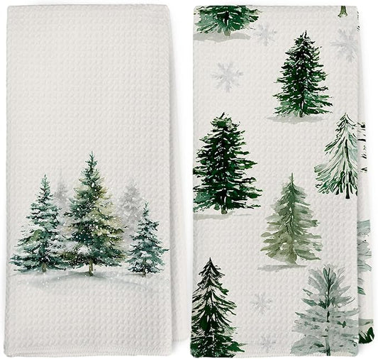 Dibor Winter Christmas Tree Decor Kitchen Towels Dishcloth Set of 2, Christmas Tree Decor Dish Towels, Winter Xmas Decorative Dish Towel Hand Tea Towel for Bathroom Kitchen, 16x24 Inch