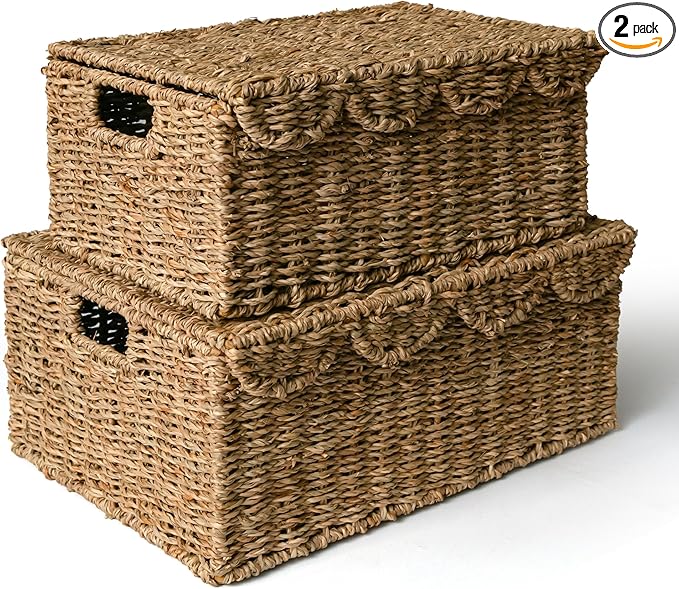 KOKODO Set of 2 Scalloped Wicker Baskets – Handwoven Rectangular Seagrass Storage Baskets with Lid and Handles for Organizing, Bathroom, Living Room & Shelf Décor – Decorative Rattan Organizing Bins