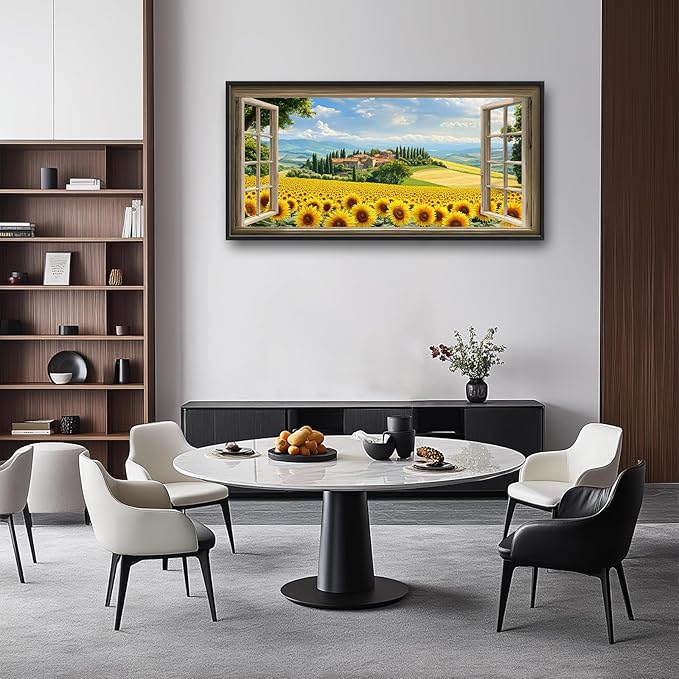 Sunflower Wall Art, Italy Pictures Wall Decor, Window Flower Canvas Prints Painting, Modern Large Framed Artwork For Living Room Office Bedroom Corridor 60"x 30"