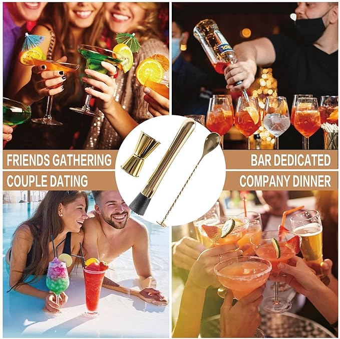 3-Pcs Gold Muddler & Mixing Tools Set, 10" Muddler, 12" Cocktail Spoon & 1 oz/2 oz Double Jigger, Bar Tool Set for Beverages